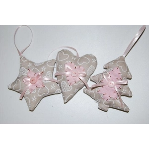 Karácsonyi dekor textil csillag-szív-fenyő 9x9cm rózsaszín/natúr rózsaszín/natúr