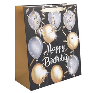 Ajándéktasak szülinapi 18x23cm, arany és ezüst lufik Happy Birthday felirattal 371769