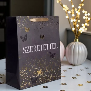 Ajándéktasak Szeretettel fekete arany pillangós S 11x14cm