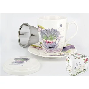 Bögre 300ml Porcelán tetővel, aljjal fémszűrővel, levendulás
