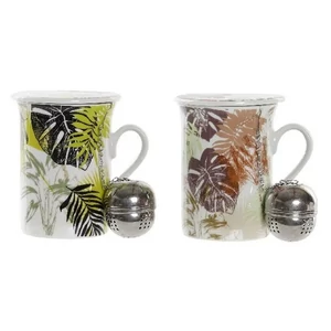 Bögre porcelán 280ml 10x8x11cm, teatojással, fedővel 2 féle levél minta