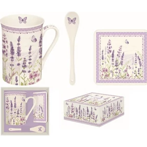 Bögre porcelán 250ml kanállal, parafa poháralátéttel dobozban Lavender Field