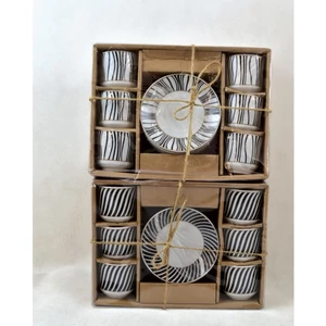 Csésze+alj porcelán 90ml mokkásgarnitúra, 6 személyes fekete fehér csíkokkal 2 féle