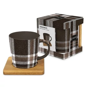 Bögre Porcelán 0,4l dobozban, akácfa alátéttel Check brown