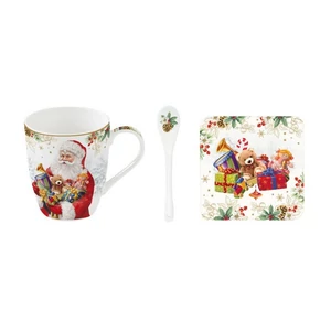 Bögre Porcelán karácsonyi 3,5dl kanállal, parafa poháralátéttel dobozban Sant Is Coming