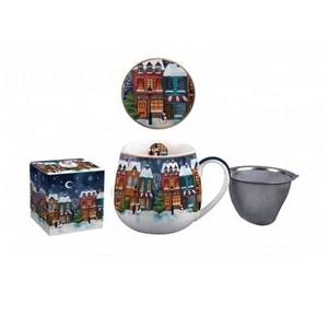 Bögre Porcelán karácsonyi 4,3dl tetővel fémszűrővel, Christmas Cit dobozban