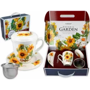 Bögre porcelán+alj 300ml tetővel, fémszűrővel, díszdobozban napraforgós