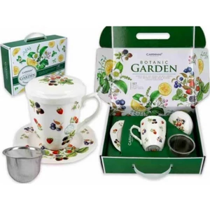 Bögre porcelán+alj 300ml tetővel, fémszűrővel, díszdobozban erdei gyümölcsös