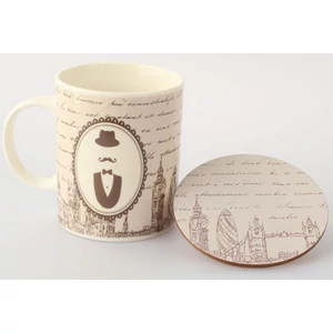 Bögre+alátét dobozban bajszos , kalapos Casa de Engel Porcelán