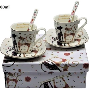 Csésze+alj Porcelán 80ml kanállal, fekete-barna virágos cicá 2db-os dobozban