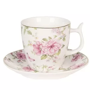 Csésze+alj porcelán pillangós-virágos 13x2cm/7x7cm fehér,aranyszegéllyel