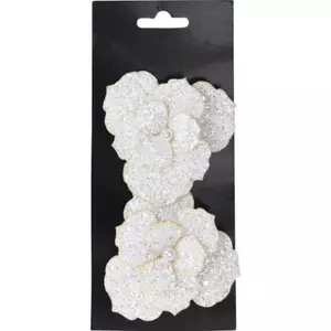Művirág dekor glitteres 21' clipesszel fehér 2db/, 8cm fenyődísz