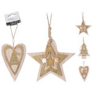 Fenyődísz 12cm mangófa 3féle csillag, szív, fenyőfa tükör efekt mangófából készült kézzel