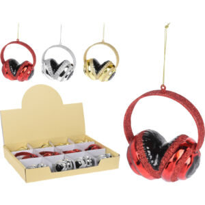 Fenyőfa dekoráció headset akasztós 3féle csillámos színben piros-arany-ezüst színekben