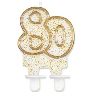 Party gyertya számos 80 fehér-arany szegős glitteres számgyertya Szülinapi - évfordulós tortadísz