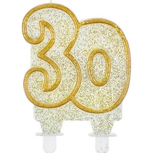 Party gyertya számos 30 fehér-arany szegős glitteres számgyertya Szülinapi - évfordulós tortadísz