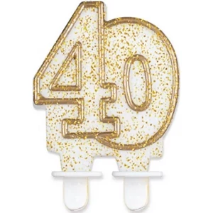 Party gyertya számos 40 fehér-arany szegős glitteres számgyertya Szülinapi - évfordulós tortadísz