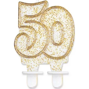 Party gyertya számos 50 fehér-arany szegős glitteres számgyertya Szülinapi - évfordulós tortadísz