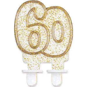 Party gyertya számos 60 fehér-arany szegős glitteres számgyertya Szülinapi - évfordulós tortadísz