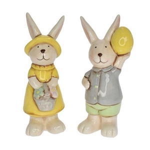 Húsvéti dekor kerámia fiú, lány tojással, kalapban álló 2 féle 6x5,3x12,7 cm