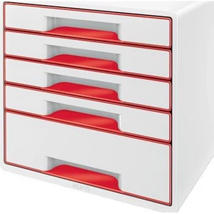 Irattároló műanyag Leitz 5 fiókos, Wow Cube, fehér/piros E52142026