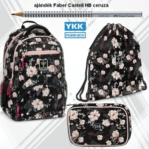 Iskolatáska szett Ars Una 24 Flower iskolatáska, tolltartó, tornazsák Fekete Virágos