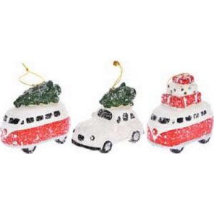 Karácsonyi dísz akasztós autó fenyővel-ajándékkal kerámia 8x4x7cm 8x4x7cm fehér/piros dekor trend 2019/20