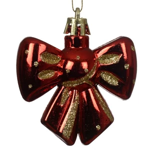 Karácsonyi dekor akasztós 24' piros arany masni, műanyag glitteres 6cmx6cm sdkae 2db/szet