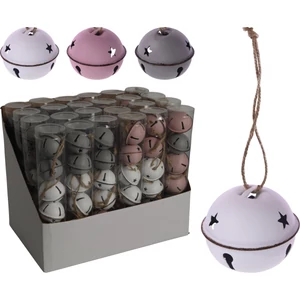 Karácsonyi 4cm csengő akasztós fém csengettyű, fehér-rózsaszín-szürke vintage fenyődísz dekor