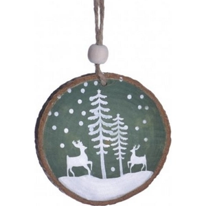Karácsonyi dekor akasztós fa szarvasok téli látképpel 6,5cm zöld