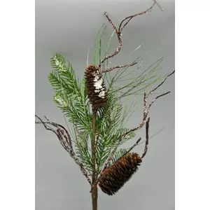 Karácsonyi dekor fenyő ág tobozzal 60cm zöld/fehér/barna