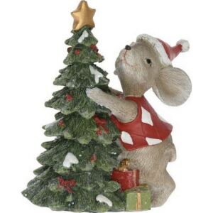 Karácsonyi dekor egér sapkában fenyőfával poly 10x6,5x11cm szürke, piros