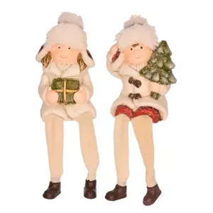 Karácsonyi dekor kerámia gyerek fenyővel, ajándékkal lógólábú 6x6x11cm, 2 féle fehér
