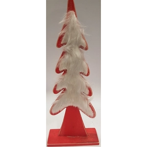 Karácsonyi fa dekor - fenyő 12x29,5cm álló dísz, fehér piros szí mészörme díszítéssel