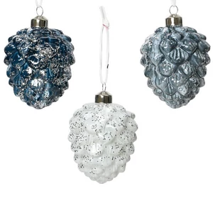 Karácsonyi fenyődísz 24' toboz, üveg, ezüst glitteres 3 féle/dobo 8cmx8cmx10cm sdkae