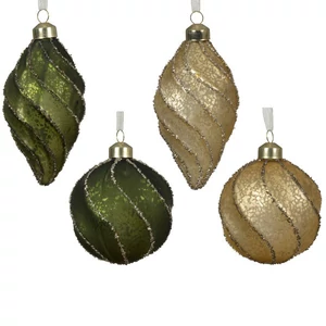 Karácsonyi fenyődísz gömb 24' csavart mintás, 4 féle zöld, arany üveg glitteres D.8cm sdkae 1/db