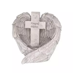 Kegyeleti emléktárgy angyal szárny szívvel, kereszttel LED-es, poly, 14x10x12 cm, szürke