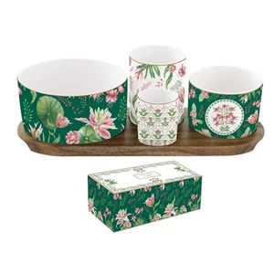 Kínálótálka szett Porcelán 4db-os, Botanic chic Akácfa tálcán, dobozban