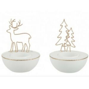 Asztali mécsestartó karácsonyi ezüst színű fenyő-rénszarvas mintás 1db mécsestartó pohárral
