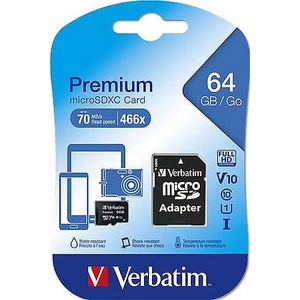 Memóriakártya microSDXC 64GB VERBATIM Premium adapterrel 70/10MB/s Adattárolók VERBATIM 44084