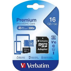 Memóriakártya microSDHC 16GB VERBATIM Premium adapterrel 45/10MB/s Adattárolók VERBATIM 44082