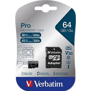 Memóriakártya microSDXC 64GB VERBATIM PRO adapterrel 90/45MB/s Adattárolók VERBATIM 47042