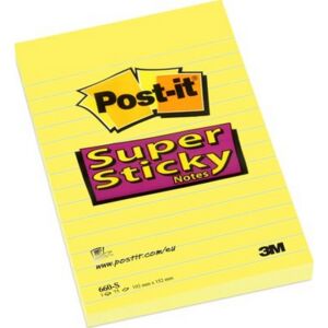 Öntapadó jegyzettömb 102x152mm 3M POSTIT "Super Sticky", sárga 75 lap, vonalas