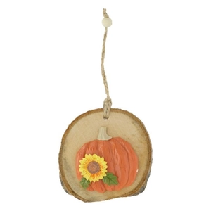 Őszi dekoráció Tök fakoronggal akasztós, poly 9x8,5x2,1 cm, natúr, narancssárga