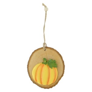 Őszi dekoráció Tök fakoronggal, akasztós, poly 9x8,5x1,8 cm, natúr, citromsárga