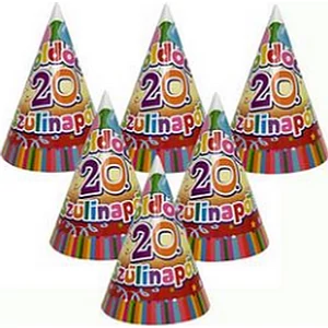 Party kalap Szülinapi színes Boldog 20. Szülinapot! feliratos lufis parti kalap (6db/csomag) Happy Birthday