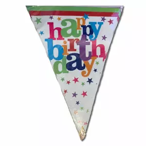 Party dekor zászló fűzér fehér, Happy Birthday felirattal