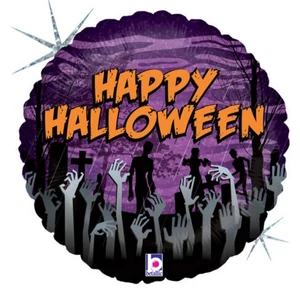 Party Lufi Halloween 46cm 21' Happy Hallowen felirat, zombi kezes hologrammos Fólia Léggömb+hélium