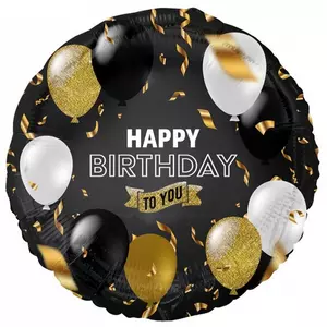 Party Lufi fólia 18" 46cm gömb alakú, Happy Birthday felirattal fekete-arany