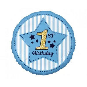 Party Lufi fólia 18inch gömb alakú, Happy Birthday 1-es kék Fólia léggömb+hélium